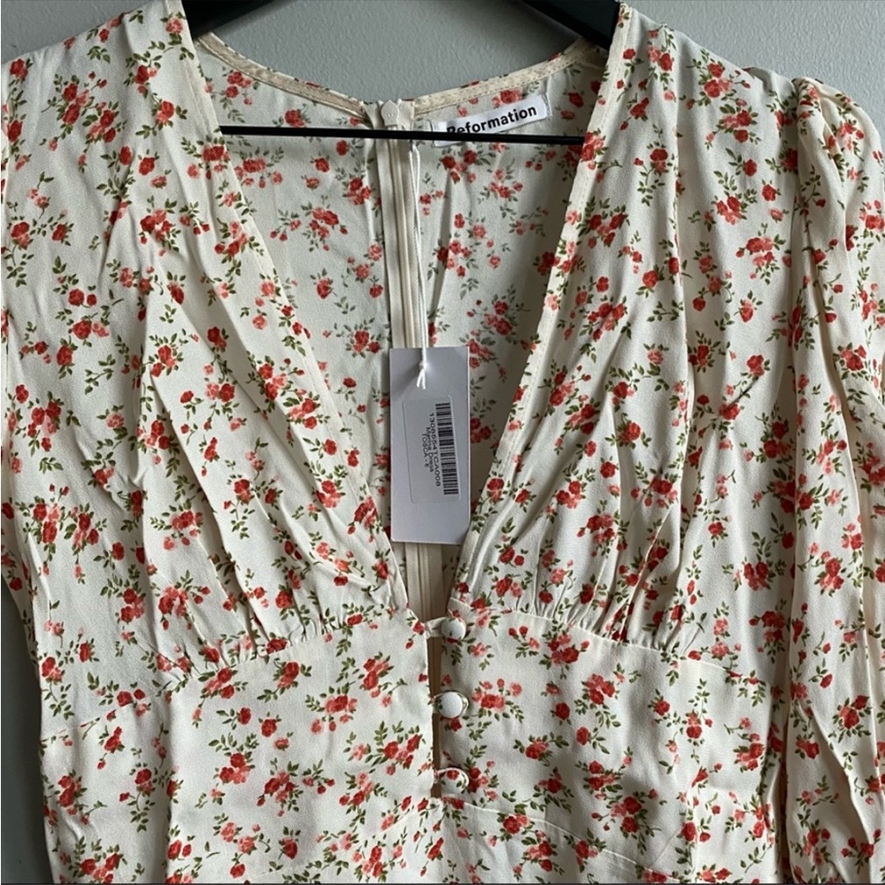 Reformation Cream Floral Mini Dress with Red Blossom Print - Picture 4 of 8